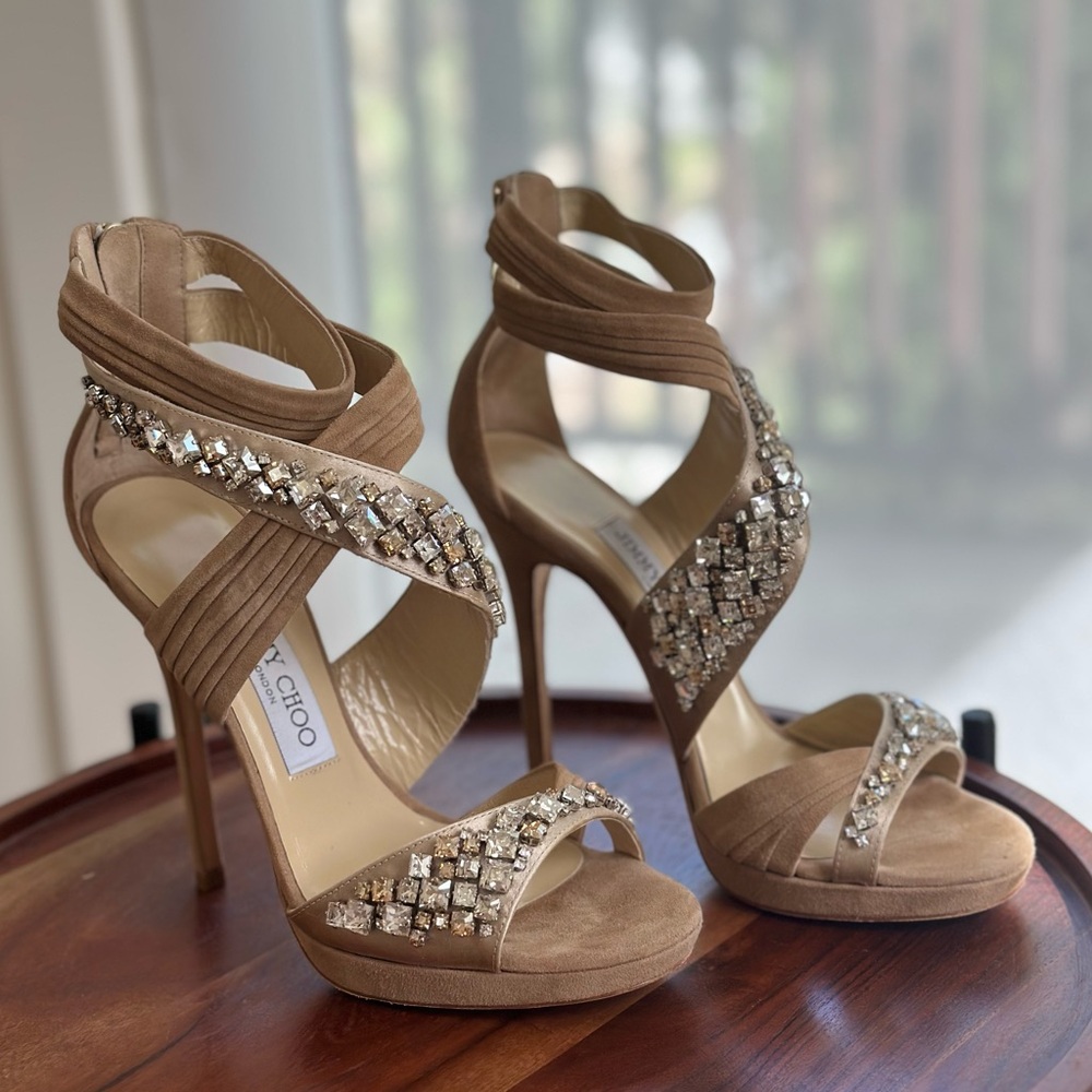NWOT Jimmy Choo Beige Crystal Embellished Heels - Picture 3 of 8